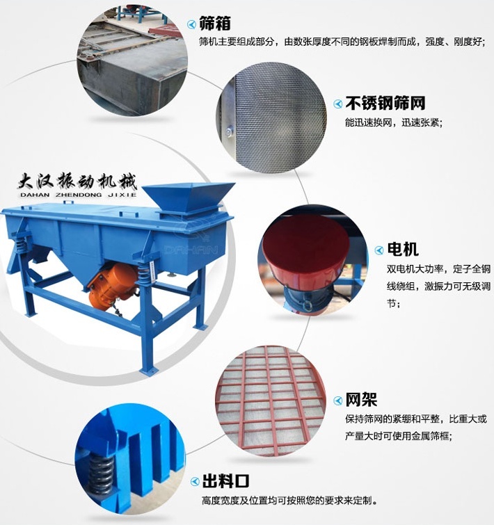 525型直線振動篩結(jié)構細節(jié)：篩箱：篩機主要組成部分，由數(shù)張厚度不同的鋼板焊制而成，強度，剛度好。不銹鋼篩網(wǎng)：能速換網(wǎng)，迅速張緊。電機：雙電機大功率，定子全銅線繞組，激振力可無級調(diào)節(jié)。網(wǎng)架：保持篩網(wǎng)的緊繃和平整，比重大或產(chǎn)量大時可使用金屬篩框。出料口：高度寬度及位置均可按照您的要求定制。