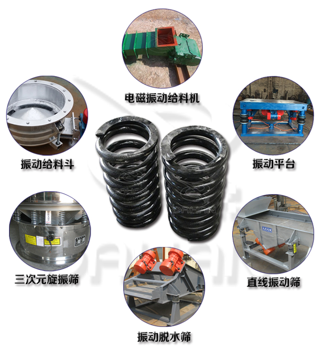 旋振篩減震彈簧適用產(chǎn)品：振動(dòng)給料機(jī)，電磁振動(dòng)給料機(jī)，振動(dòng)平臺(tái)，直線振動(dòng)篩，振動(dòng)脫水篩，三次元旋振篩。