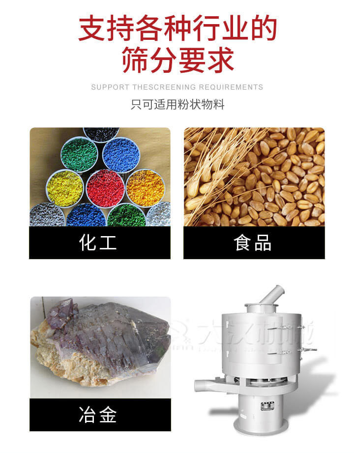 氣流篩用于礦粉，石墨粉，活性納米碳酸鈣，鋁灰，大豆粉，碳酸重鈣，石墨粉，木粉，干草，重金石粉，藥粉末，橡膠顆粒，草酸鹽，干料粉，木粉，聚酯粉，干粉，塑料，金屬粉末，橡膠粉，粉煤灰，石墨粉，陶瓷粉，鋅粉，石英粉，石灰粉，鐵粉，金屬硅粉等。