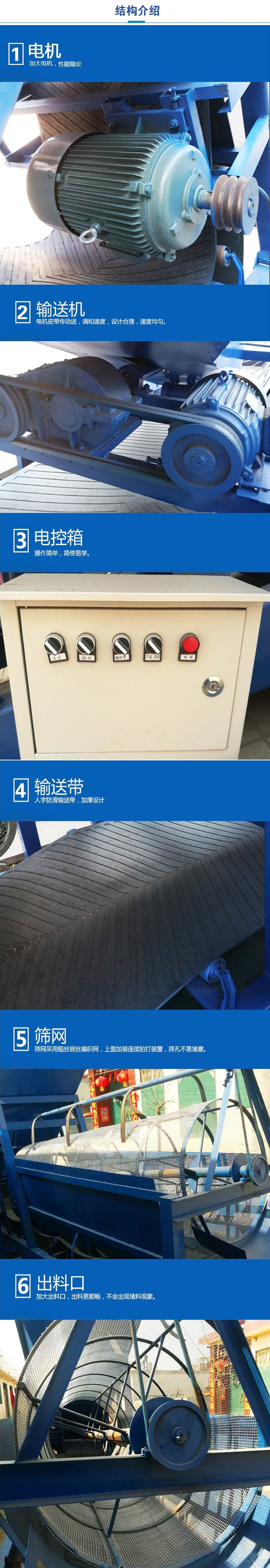 移動篩沙機結(jié)構(gòu):電機，加大電機，性能相對比較穩(wěn)定。輸送機：電機皮帶傳動送，調(diào)和速度，設(shè)計合理，速度均勻。電控箱：操作簡單，簡便易學(xué)。輸送帶：人字防滑輸送帶，加厚設(shè)計。篩網(wǎng)，采用粗絲鋼絲編織而成的篩網(wǎng)，上面加裝連續(xù)拍打裝置，篩孔不易堵塞。出料口：加大出料口，出料更順暢，不會出現(xiàn)堵料現(xiàn)象。
