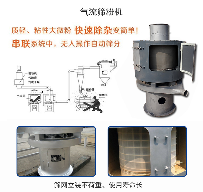 氣流篩粉機(jī)適用：質(zhì)輕，粘性大微粉采用串聯(lián)系統(tǒng)重，無人操作自動(dòng)篩分 特點(diǎn)：篩網(wǎng)立裝不負(fù)重，使用壽命長。