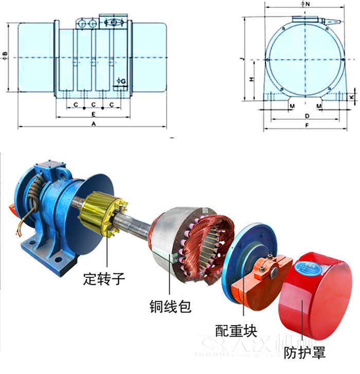 YZS振動電機內(nèi)部主要部件：定轉(zhuǎn)子，銅線包，配重塊，防護罩。